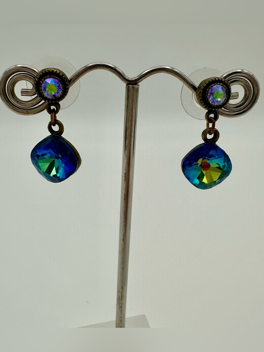Vitrail Style Blue Green Crystal Drop Dangle Earrings - Antiqued Bronze Post